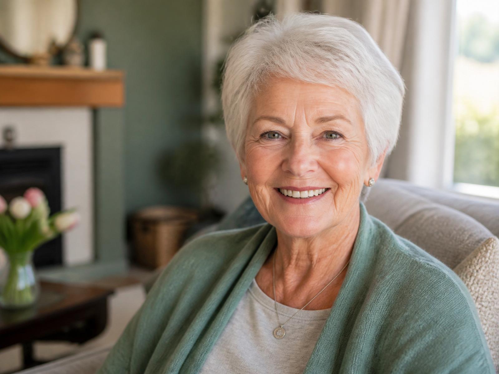 Smiling older woman relaxing at home, representing the comfort patients feel after dry eye treatment at Kerry Dry Eye Clinic.